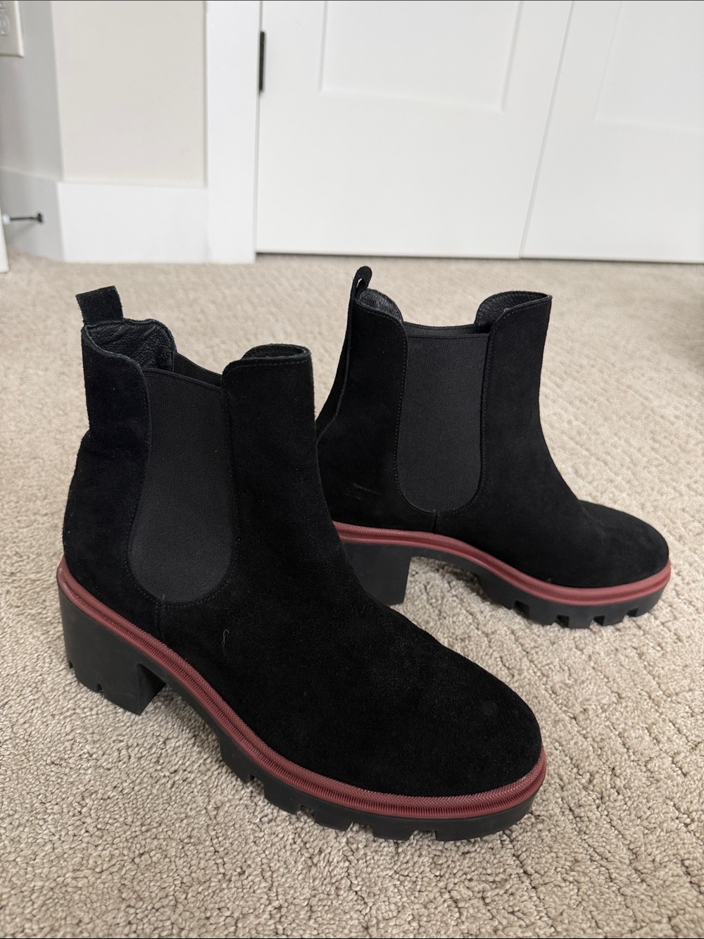 Women's Black Suede Chelsea Booties with Burgundy Trim